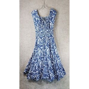 Chelsea & Theodore Smocked Cotton Midi Dress Womens M Blue Paisley Boho EUC